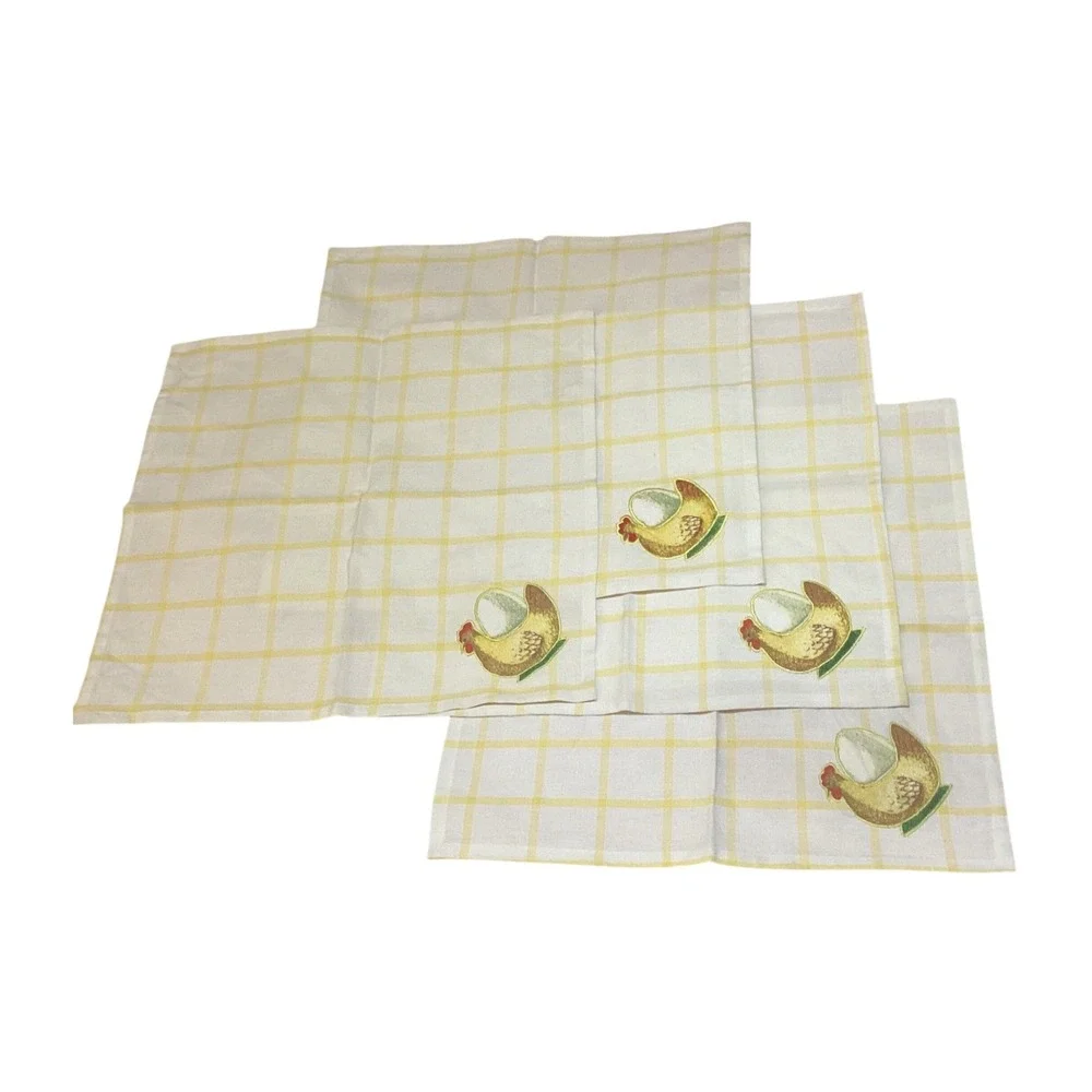 Dept 56 Sunday Brunch Cotton Napkins Set of 4 Yellow Plaid Hen Embroidered 18x18